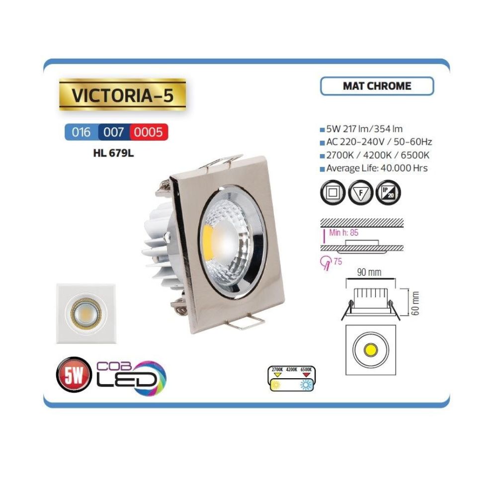 Spot Led COB, Victoria-5, 5W 300Lm, Crom Mat 2700K, Patrat 100-240V IP20