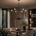 Candelabru Suspendat Zeus cu 6 Brațe, 6xE14, Diametru 70 cm, Înălțime 150 cm, Negru, Cod DL75D132