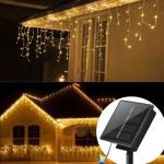 Instalatii craciun exterior alb cald 12m, 300 LED franjuri inegali, solara cu telecomanda