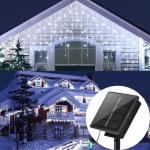 Instalatii craciun exterior alb rece 12m, 300 LED franjuri inegali, solara cu telecomanda