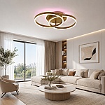 Lustră LED Duo cu Telecomandă, 120W, 2 Cercuri, 3000K/4000K/6500K, RGB, Auriu, Diametru 60 cm