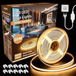 Banda LED COB, 220V, 10W/m, 1000lm/m, 3000K, IP67, 10m, kit cu alimentator si cleme, PRO-KITCOB10M3000K-1