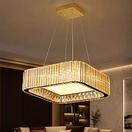 Candelabru LED cristal auriu 180W (90W+90W), telecomandă, pătrat, Glimmer A6151-600x600