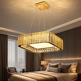 Candelabru LED cristal auriu 180W (90W+90W), telecomandă, pătrat, Glimmer A6151-600x600