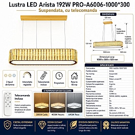 Candelabru cristal suspendat Arista, 1000x300x120 mm, 192W, auriu cu fire argintii, PRO-A6006-1000*300, cu telecomanda