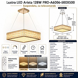 Candelabru cristal suspendat Arista, 500x500x120 mm, 128W, argintiu, PRO-A6006-500X500, cu telecomanda