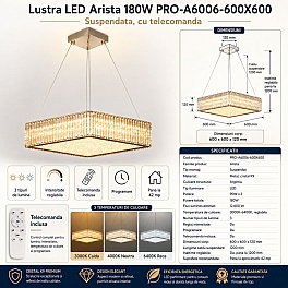 Candelabru cristal suspendat Arista, 600x600x120 mm, 180W, argintiu, PRO-A6006-600X600, cu telecomanda