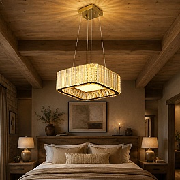 Candelabru LED cristal auriu 48W (24W+24W), telecomandă, pătrat 300x300, Glimmer A6151