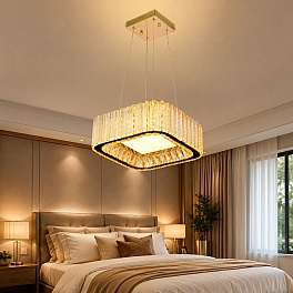 Candelabru LED cristal auriu 48W (24W+24W), telecomandă, pătrat 300x300, Glimmer A6151