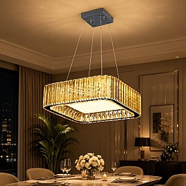Candelabru LED cristal auriu 96W (48W+48W), telecomandă, pătrat 400x400, Glimmer A6151