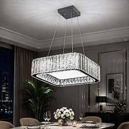 Candelabru LED cristal auriu 96W (48W+48W), telecomandă, pătrat 400x400, Glimmer A6151