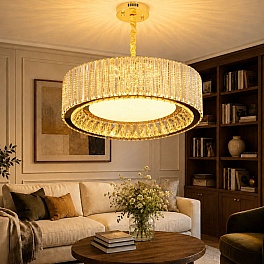 Candelabru LED cristal auriu 152W (76W+76W), telecomandă, rotund 600mm, Glimmer A6151