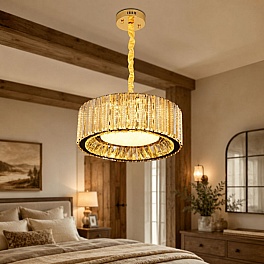 Candelabru LED cristal auriu 100W (50W+50W), telecomandă, rotund 400mm, Glimmer A6151