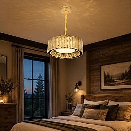 Candelabru LED cristal auriu 100W (50W+50W), telecomandă, rotund 400mm, Glimmer A6151
