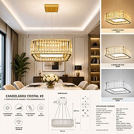 Candelabru LED cristal auriu 128W (64W+64W), telecomandă, pătrat 500x500, Glimmer A6151