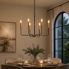 Candelabru Suspendat Odin cu 6 Brațe, 6xE14, Diametru 70 cm, Înălțime 160 cm, Negru + Auriu, Cod DL75D135