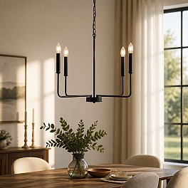Candelabru Suspendat Zeus cu 4 Brațe, 4xE14, Diametru 70 cm, Înălțime 150 cm, Negru, Cod DL75D133