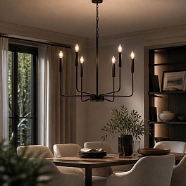 Candelabru Suspendat Zeus cu 6 Brațe, 6xE14, Diametru 70 cm, Înălțime 150 cm, Negru, Cod DL75D132