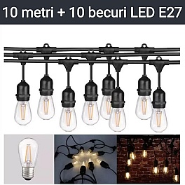 Ghirlanda luminoasa 10m, 10 becuri LED filament E27 1W, IP44 Fiesta Plus