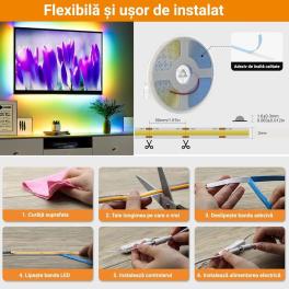 Kit banda Led 5M COB RGBW, Smart control, QR cod cu APP, sincronizare muzica, intensitate si culori reglabile