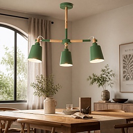 Lustră de Tavan Baldur cu 3 Brațe, 3xE27, 50 x 52 cm, Verde, Metal + Lemn, Cod DL75D153