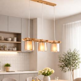 Lustră suspendată din lemn cu 3 pendule din sticlă, E27, 50x100 cm, model HY-C5120/4