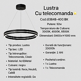 Lustra HaloRing Negru 92W LED cu Telecomanda, D400xH1000 mm, Cod G3848-400 BK