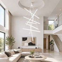 Lustra LED Line cu Telecomandă, 9 Surse de Lumină, 3000K/4000K/6000K, Alb, D100 x H300 cm