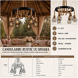 Lustră rustică 6xE27, max 6x40W, metal și sfoară, RF-8413-6P