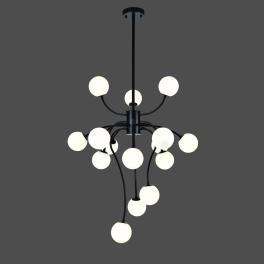 Lustra suspendata E007/15, 15 x G9, cu abajururi din sticla, neagra