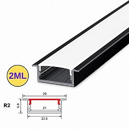 Profil LED incastrat, 29 mm latime, aluminiu negru, 2M, PROFILE-R2, cu dispersor alb