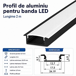 Profil LED incastrat aluminiu, 24.7x17.4x7mm, PROFILE-R1 negru 2M, dispersor alb