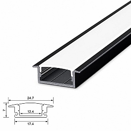 Profil LED incastrat aluminiu, 24.7x17.4x7mm, PROFILE-R1 negru 2M, dispersor alb