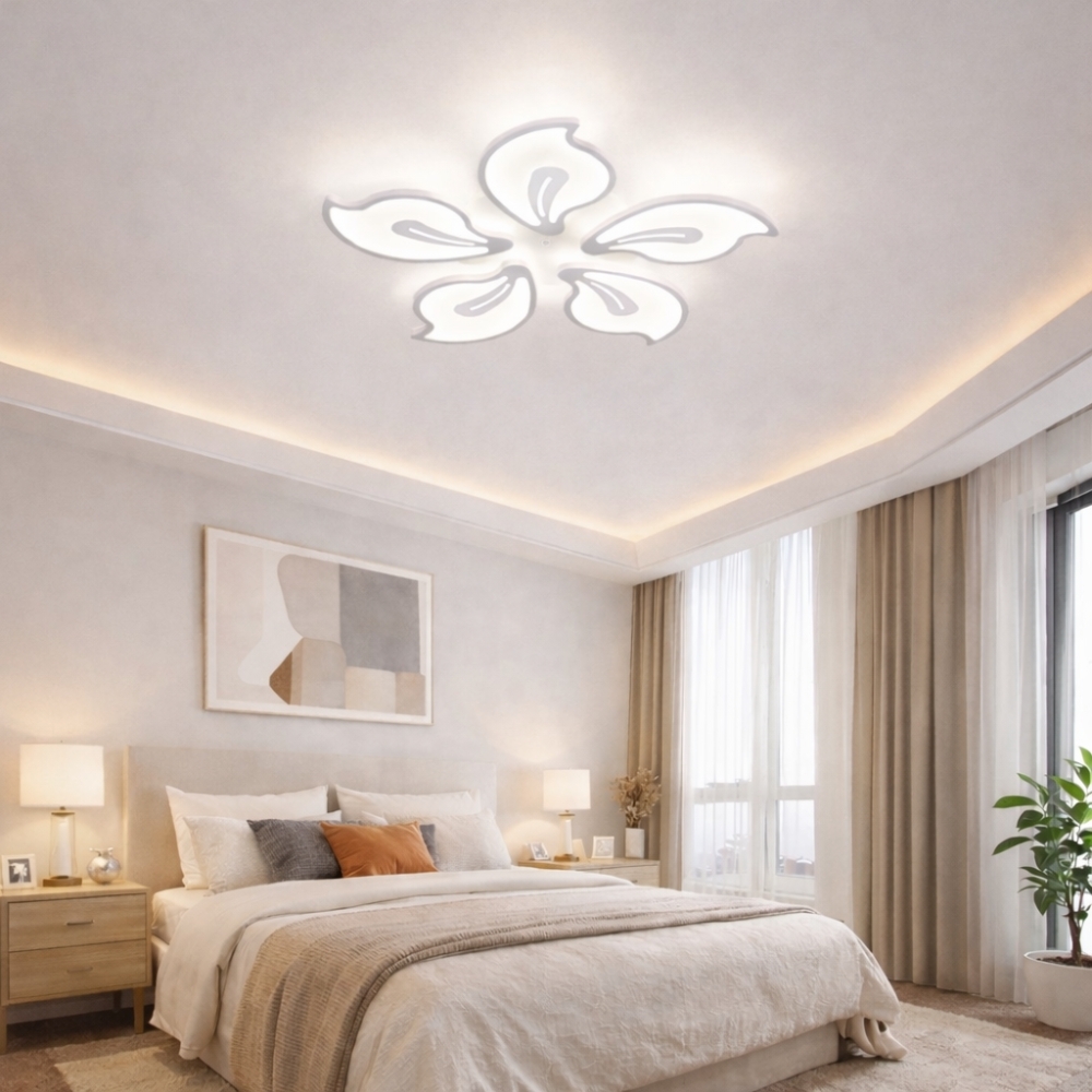 Lustra LED Caroli Five 110W, telecomanda, 3 tipuri de lumina si intensitate reglabila, Alba