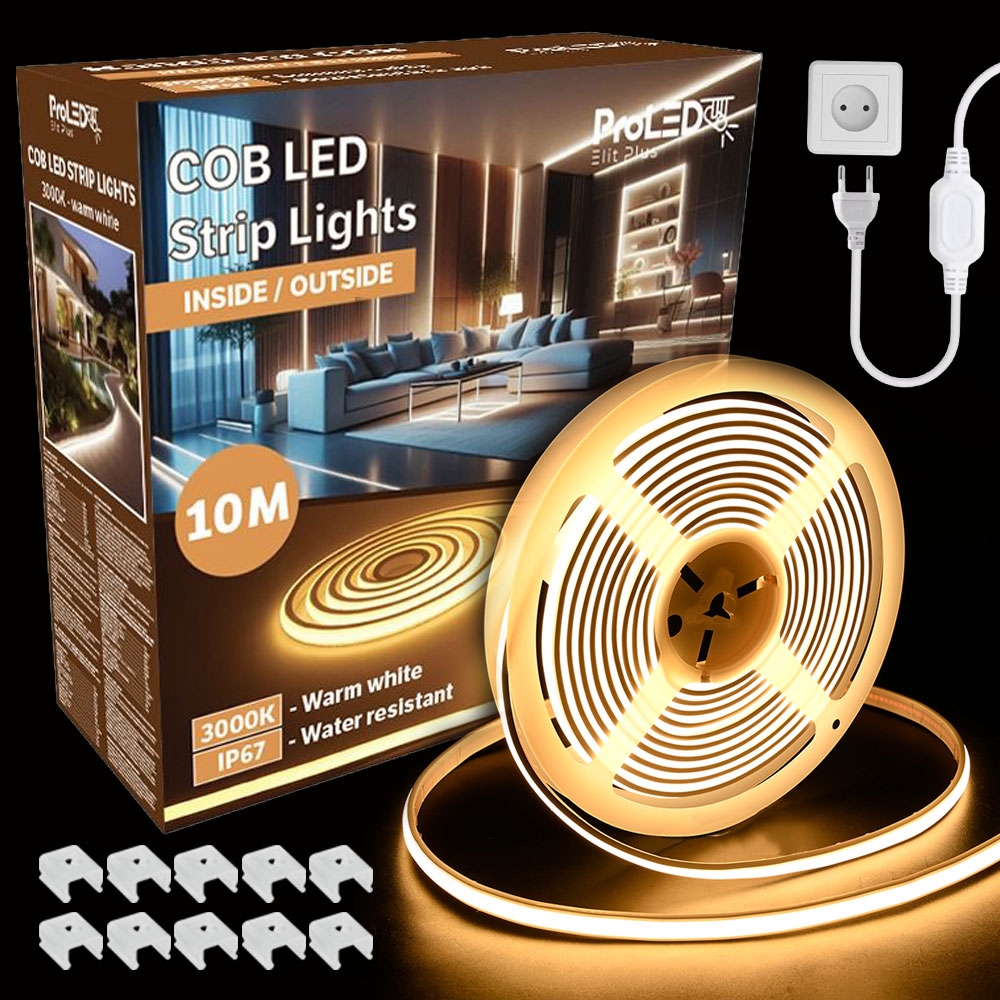 Banda LED COB, 220V, 10W/m, 1000lm/m, 3000K, IP67, 10m, kit cu alimentator si cleme, PRO-KITCOB10M3000K-1