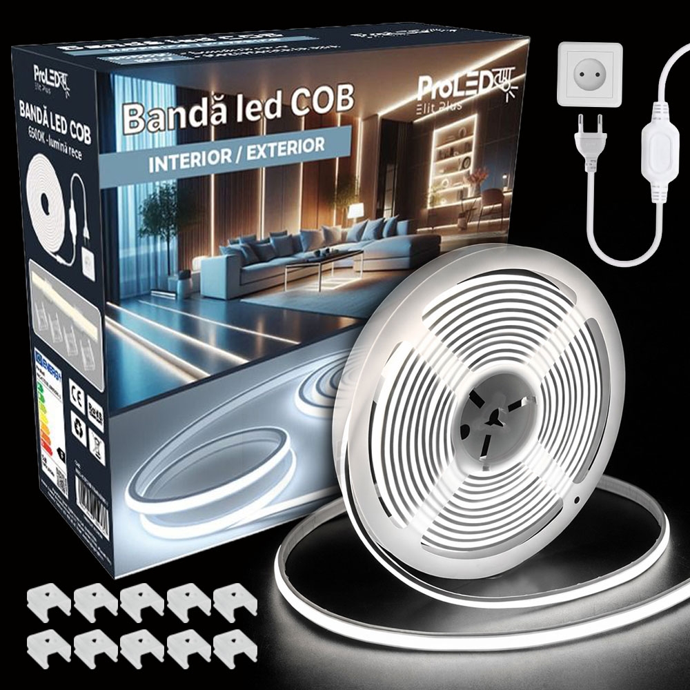 Banda LED COB, 220V, 10W/m, 1000lm/m, 6500K, IP67, 20m, kit cu alimentator si cleme, PRO-KITCOB20M6500K-1