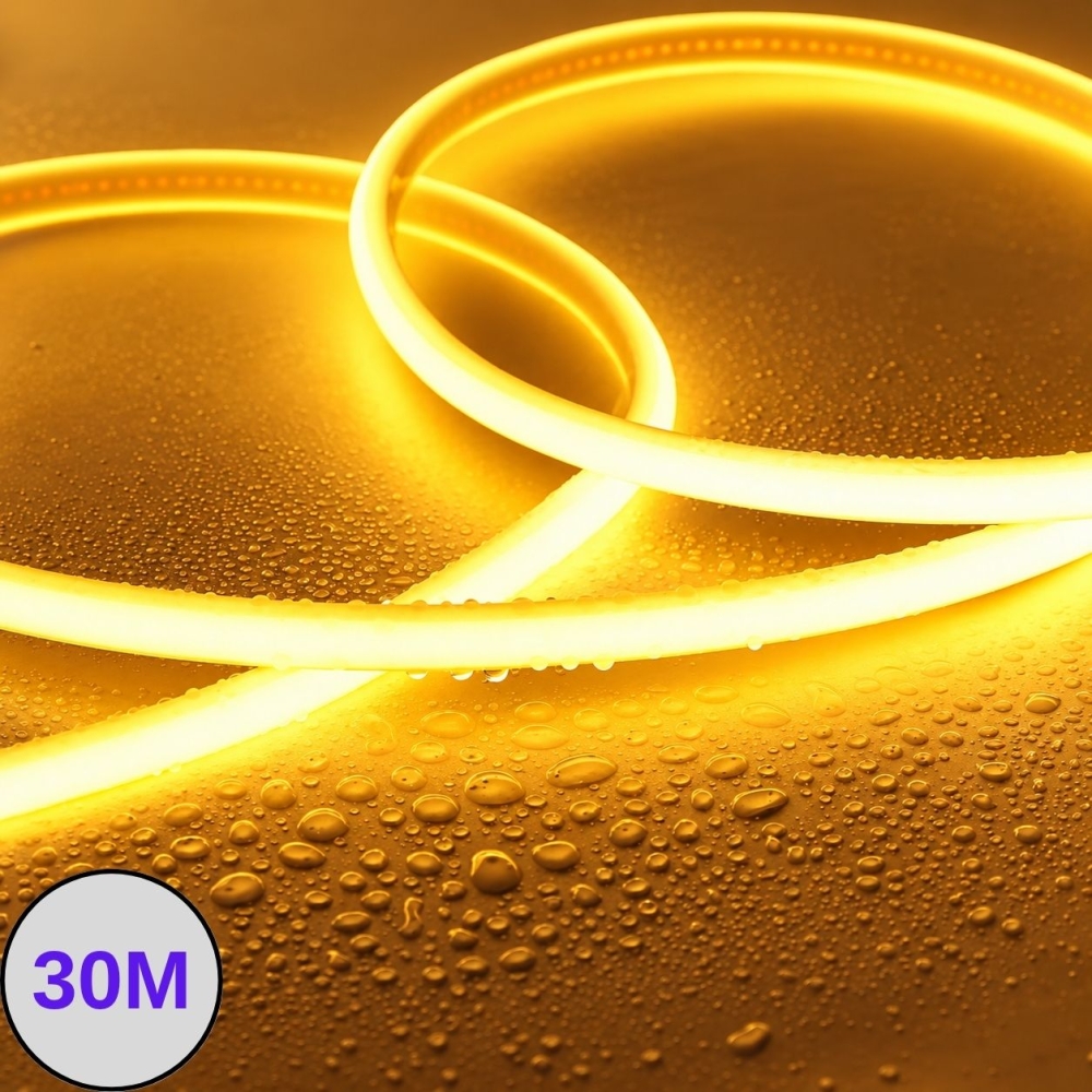 Banda LED lumina calda, 12W/m, 1800K Galben Auriu, 1.200 lm/m, 585-595 nm, COB 220V, IP65, adeziva, kit 30m