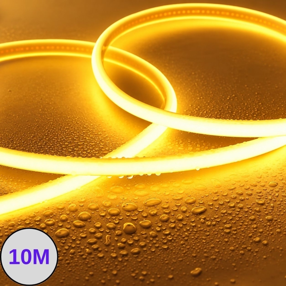 Banda LED lumina calda, 8W/m, 1800K Galben Auriu, 400 lm/m, 585-595 nm, COB 220V, IP65, adeziva, kit 10m