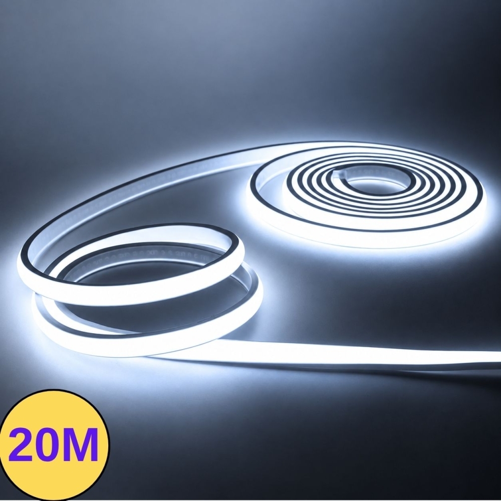 Banda LED lumina rece, 8W/m, 8500K Snow White, 800 lm/m, COB 220V, IP65, adeziva, kit 20m
