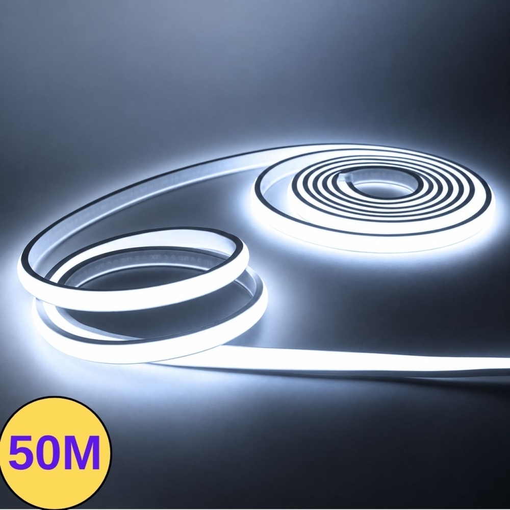 Banda LED lumina rece, 8W/m, 8500K Snow White, 800 lm/m, COB 220V, IP65, adeziva, kit 50m