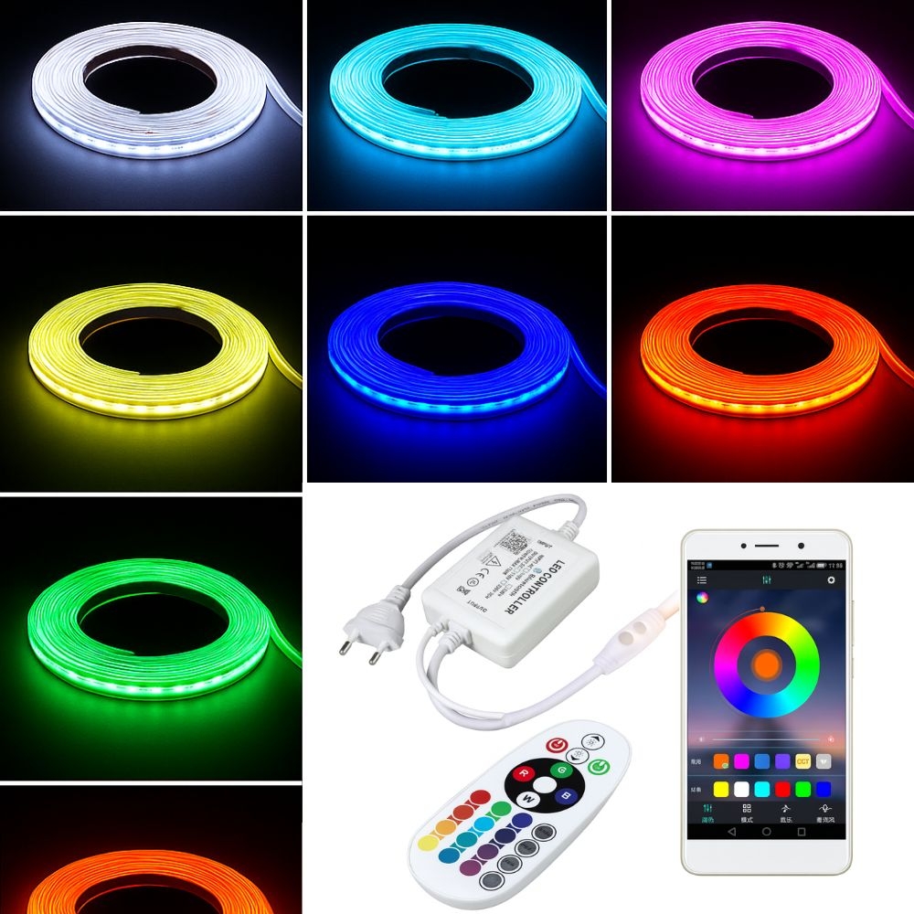 Banda LED RGB, 50m COB, 220V, FlexiLum220 cu telecomanda inclusa, 10W/m 480LED/m, IP65