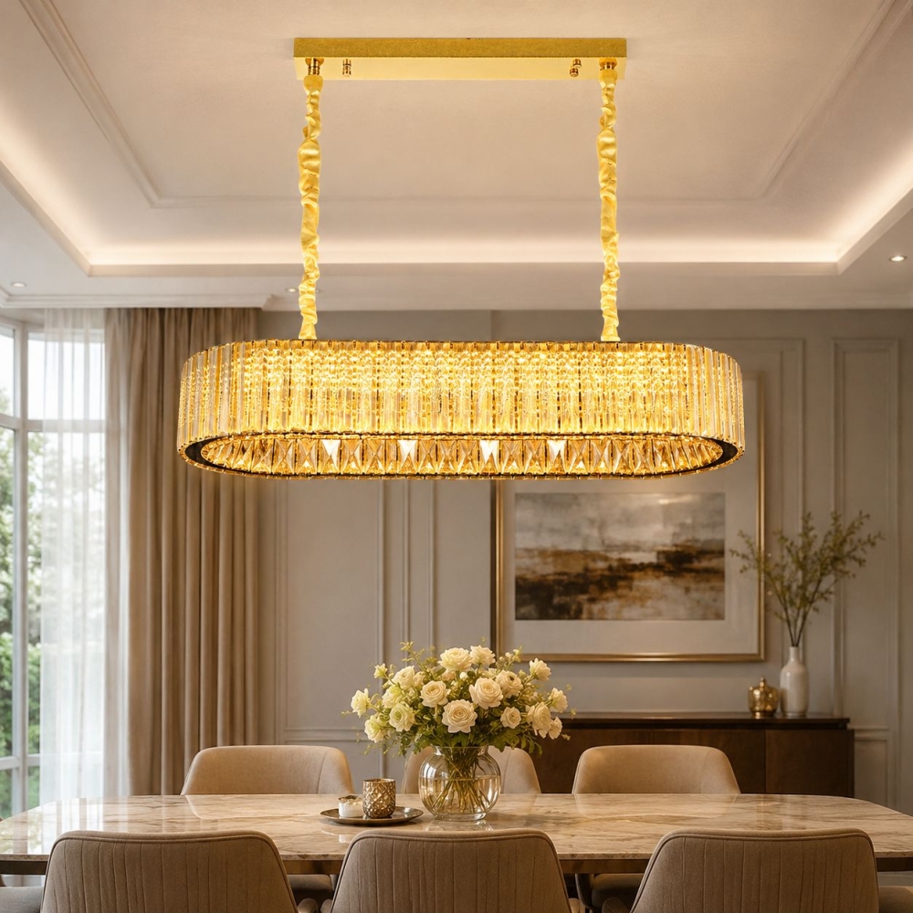 Candelabru LED cristal auriu 128W (64W+64W), telecomandă, Glimmer A6151-800x300