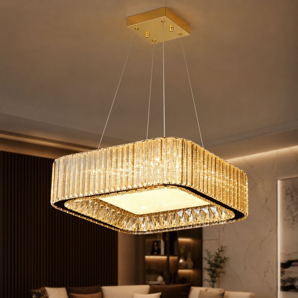 Candelabru LED cristal auriu 180W (90W+90W), telecomandă, pătrat, Glimmer A6151-600x600