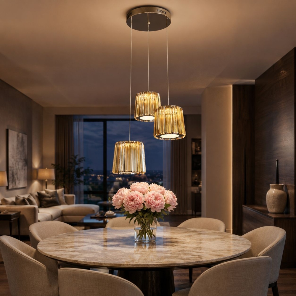 Candelabru Cristal K9 Suspendat Prestige A8007-3 cu LED 30W și Telecomandă