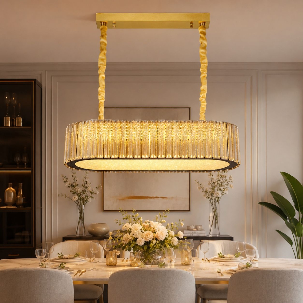 Candelabru LED cristal 104W (52W+52W), telecomandă, oval, Venera A6007-600x300