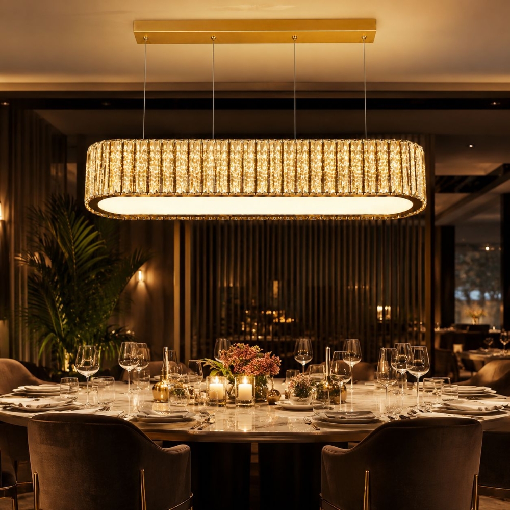 Candelabru cristal suspendat Arista, 1000x300x120 mm, 192W, auriu cu fire argintii, PRO-A6006-1000*300, cu telecomanda
