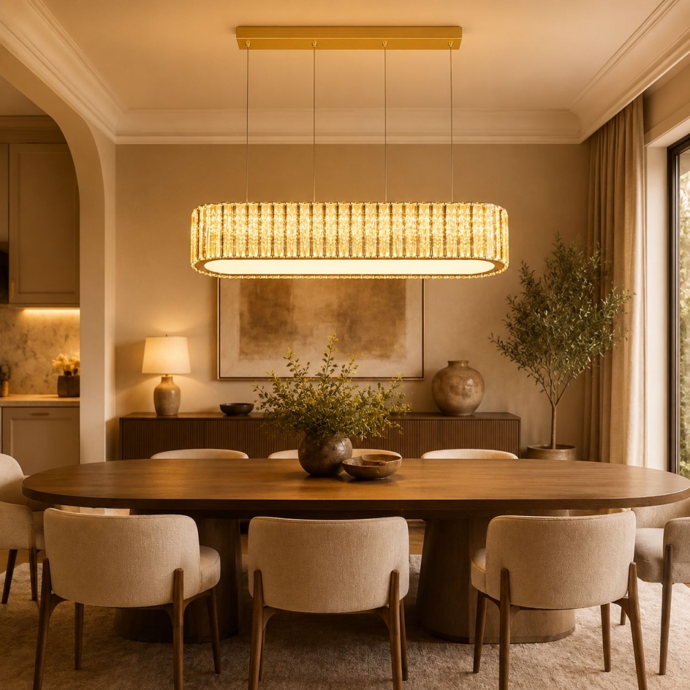 Candelabru cristal suspendat Arista, 800x200x120 mm, 96W, auriu cu fire argintii, PRO-A6006-800X200, cu telecomanda