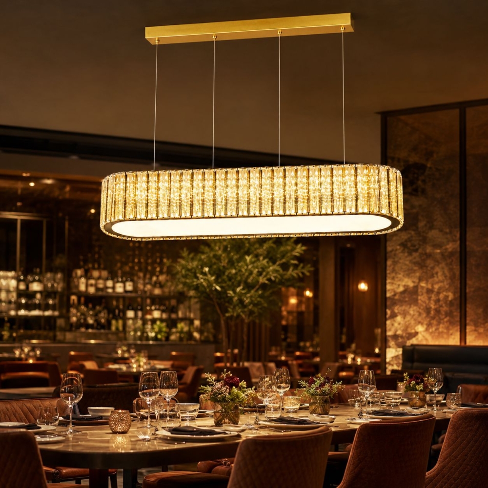 Candelabru cristal suspendat Arista, 800x300x120 mm, 136W, auriu cu fire argintii, PRO-A6006-800X300, cu telecomanda