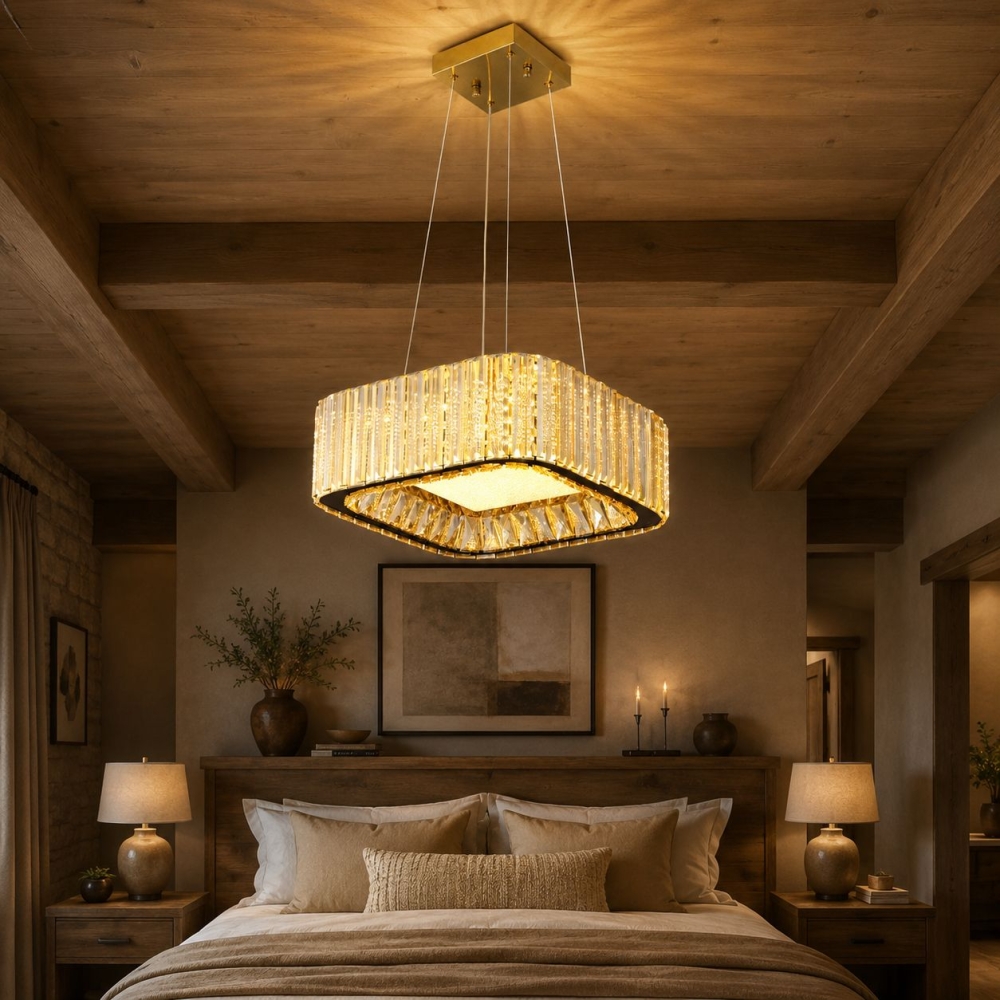 Candelabru LED cristal auriu 48W (24W+24W), telecomandă, pătrat 300x300, Glimmer A6151
