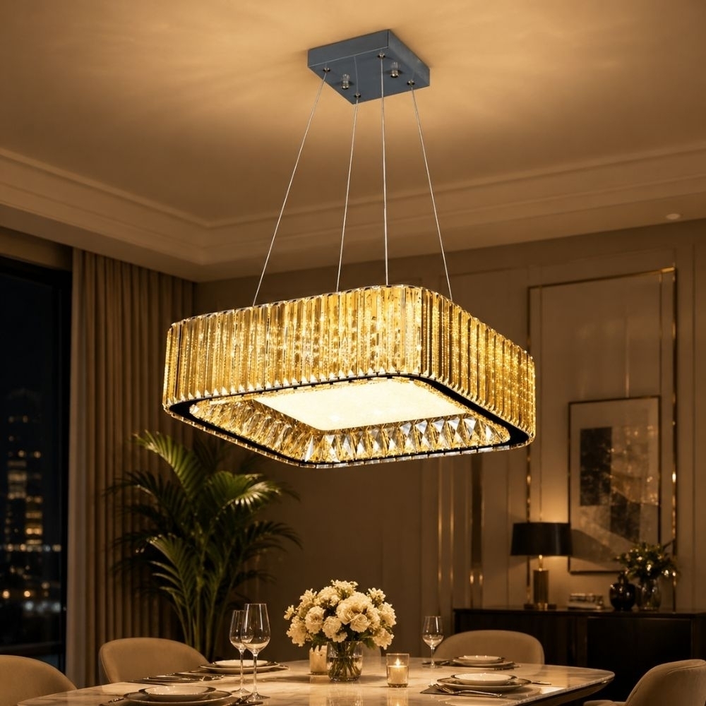 Candelabru LED cristal auriu 96W (48W+48W), telecomandă, pătrat 400x400, Glimmer A6151